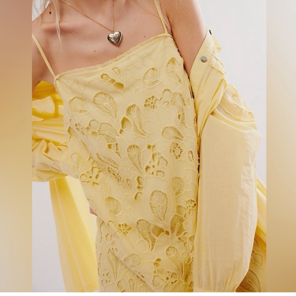NWOT FREE PEOPLE co-ord Yellow Lace eyelet Dress Button-Up Shirt set size large - Picture 4 of 16
